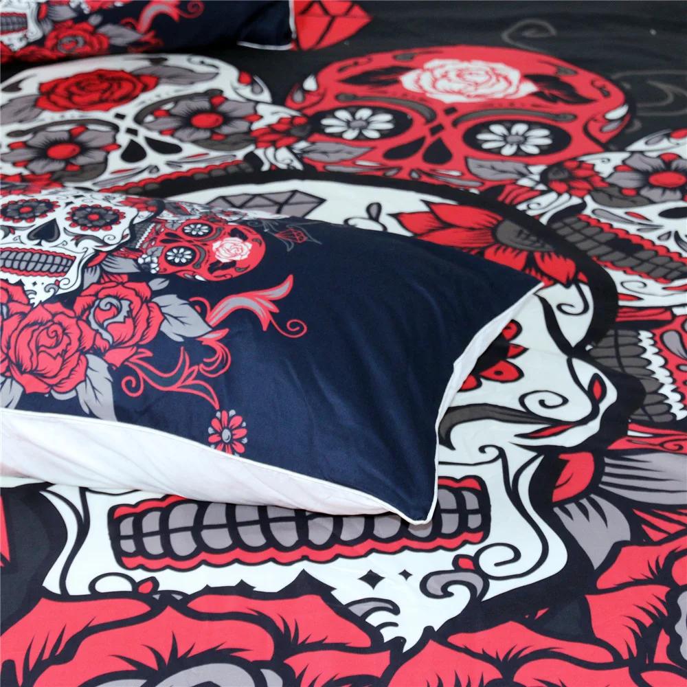 Red Rose Flower Skull Queen Bedding Set Double Bed 2-3Pcs Duvet Cover Pillowcases Comforter Bedding Sets King Size