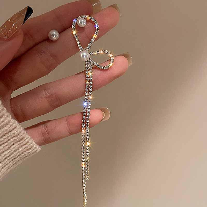 Cercei lungi zână cu perle coreene și diamante - Stil celebritate elegant și versatil