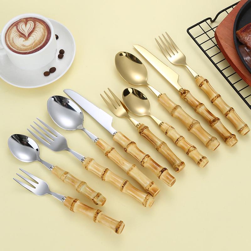 304 Stainless Steel Dinner Knife, Fork, Dessert Spoon, Natural Bamboo Handle Dinnerware Sets, Western Style Steak Cutlery Set