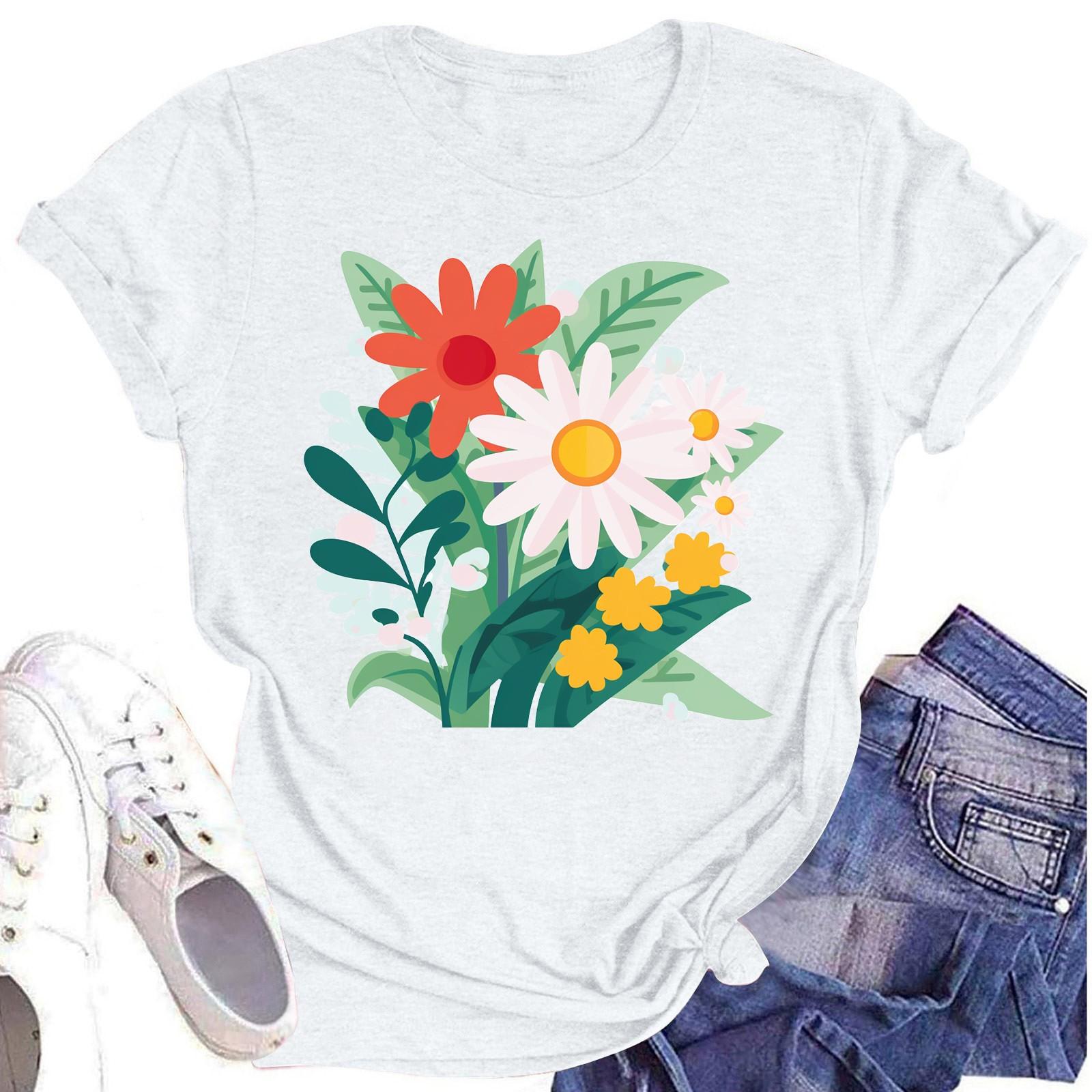 

Женская повседневная футболка с круглым вырезом и цветочным принтом, короткий рукав XL белый