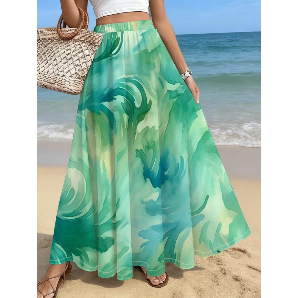 Women's Plus Size Floral Print Maxi Skirt - Watercolor Flower Design, Lightweight Flowy Silhouette