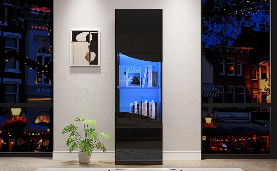 Vetrina da Soggiorno 35*50*165cm, Finitura Lucida (Porte), Alto, Ampio Spazio di Archiviazione e Illuminazione a LED, Design della Superficie Ondulata ad Arco Concavo, Nero