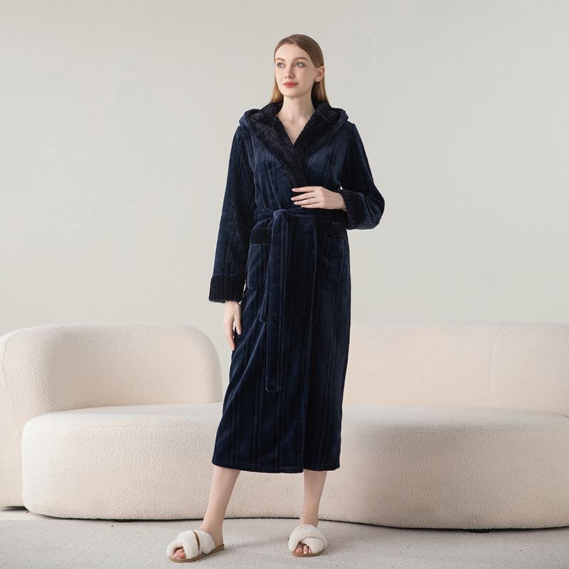 Plus Size Jacquard Fleece Bathrobe Thick Winter Autumn Bathrobe For Men And Women Cozy Pajamas Long Robe Sleepwear