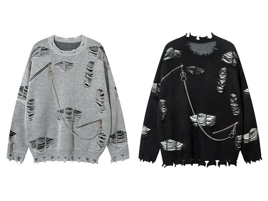 Pull Zippé Déchiré Tendance Unisexe Automne 2024 - Maille Streetwear Ample