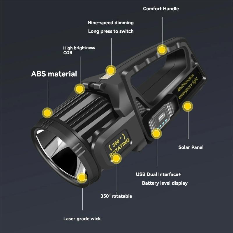 Rechargeable LED Spotlight Flashlight with 350° Rotate Head, 9 Modes, IPX6 Waterproof, Solar + TYPE-C Charging, Power Bank