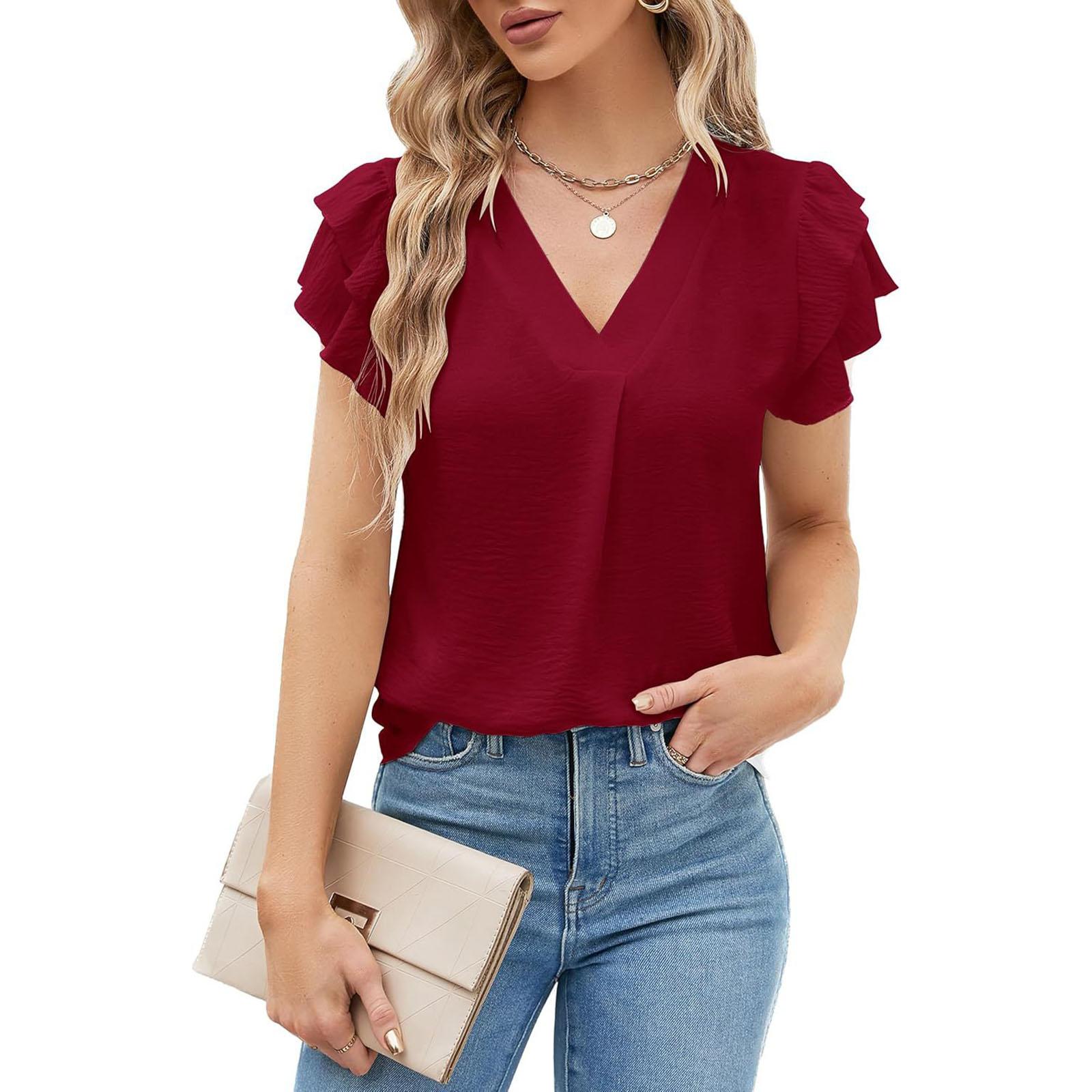 

Women s Fashion Loose-Fit V-Neck Pullover T-Shirt Short Sleeve Top XL винный