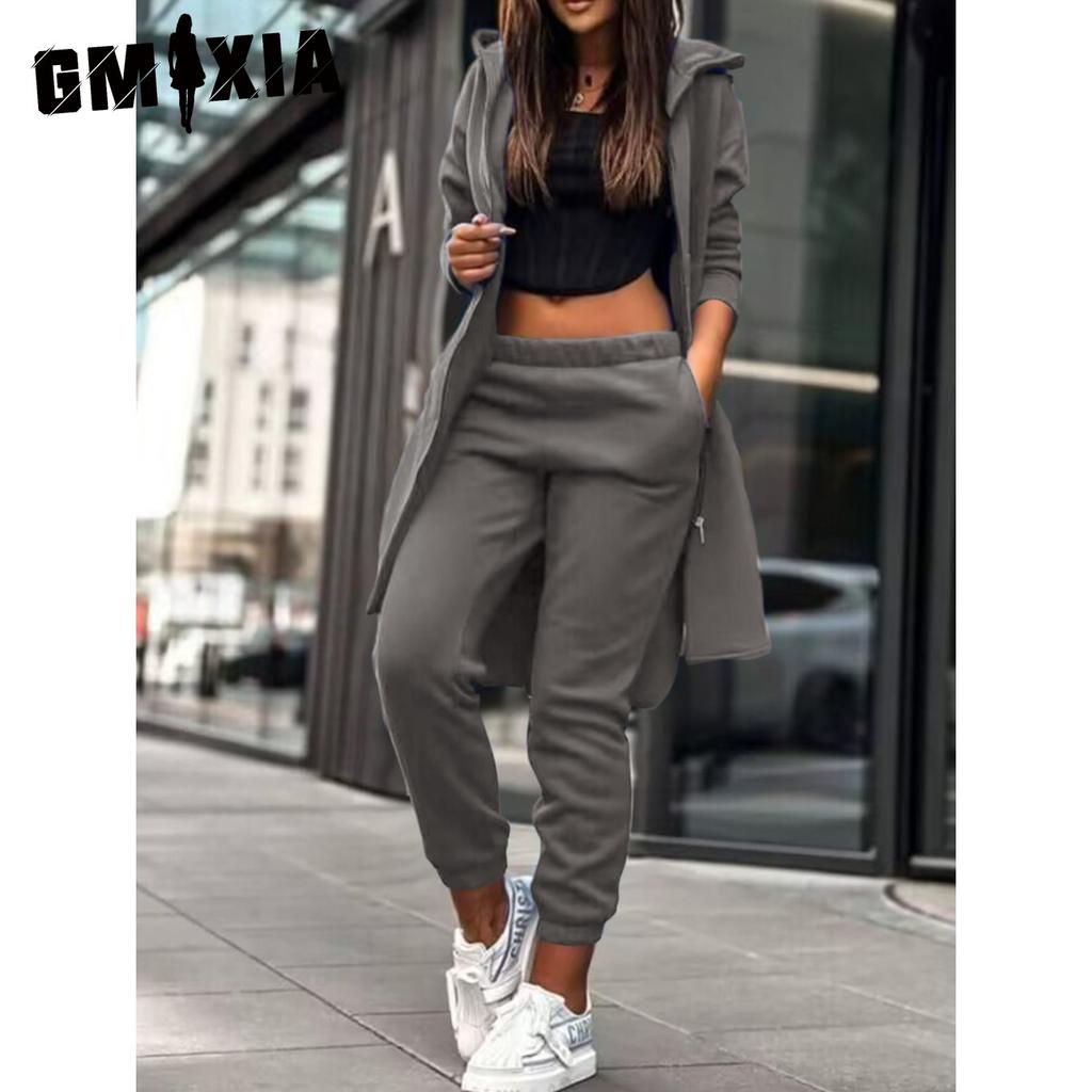GMXIA Women's Fashion Autumn Winter Solid Color Print Long Sleeve Hooded Trousers Pants Suits Hoodies & Sweatshirts