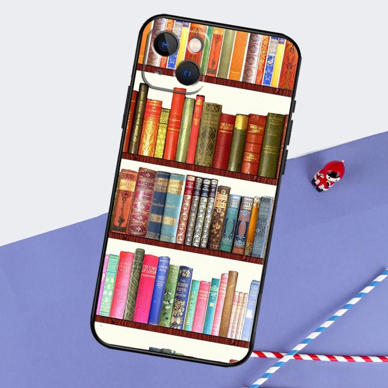 Vintage BOOK Bookworm Bookshelf Phone Case For iPhone 16 Pro 15 Pro 11 12 13 14 Pro Max Mini XR 16e 15 16 Plus Cover Shell