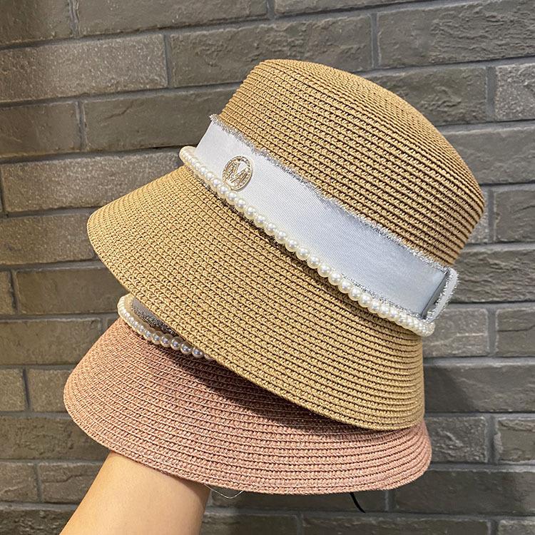 Pearl rhinestone M standard straw hat female summer seaside socialite hat face covering bucket hat sun protection beach hat