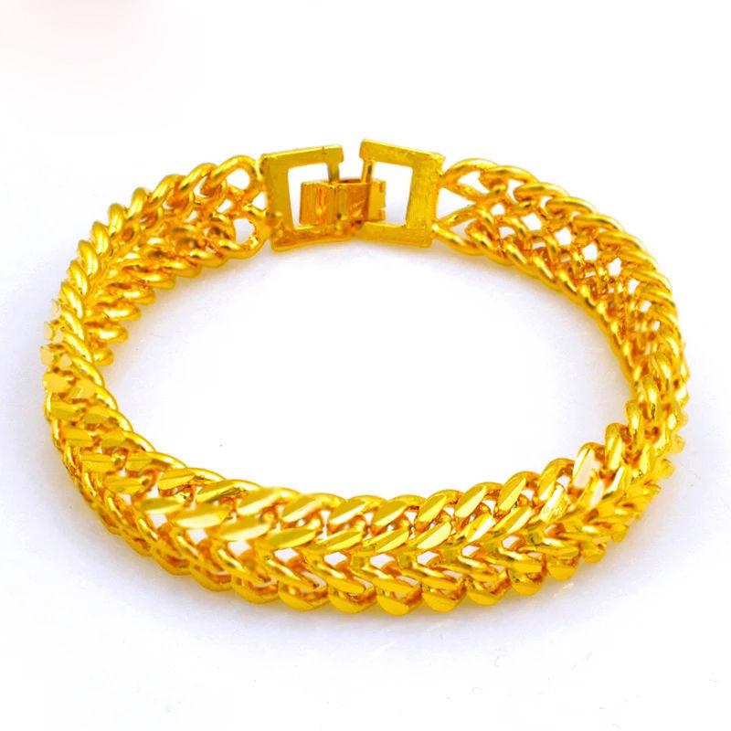 Gold-Plated Brass Flat Curb Chain Bracelet: Vietnam Sand Gold Bangle - Couple Style Imitation Gold Jewelry Gift.