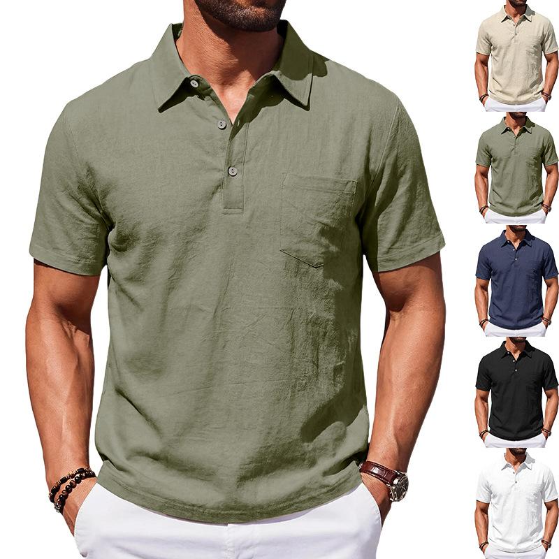 Men's Summer Men's Beach Linen Polo Shirt Loose Casual Simple Lapel Short Sleeve Men
