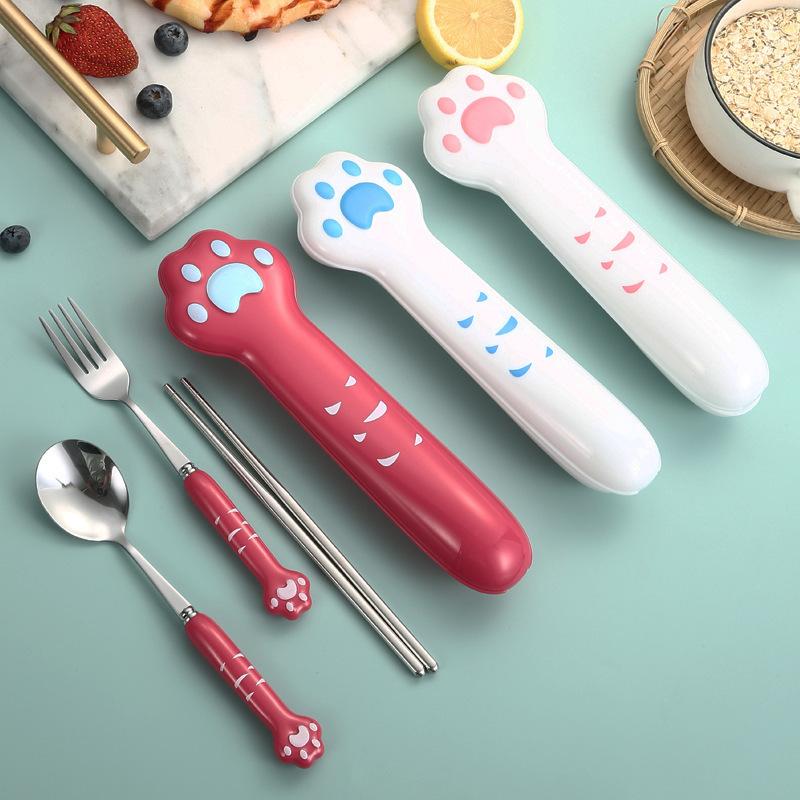 Cute Cat Paw Cutlery Set Stainless Steel Fork Spoon with Storage Box Dinnerware Tableware Silverware Lunch Portable Tableware