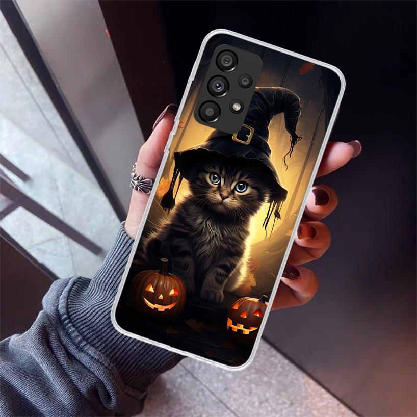 Black Kitten Halloween Pumpkin Phone Case For Samsung Galaxy A17 A57 A37 A16 A26 A36 A56 A15 A25 A35 A55 A14 A13 A54 A53 A34 A24