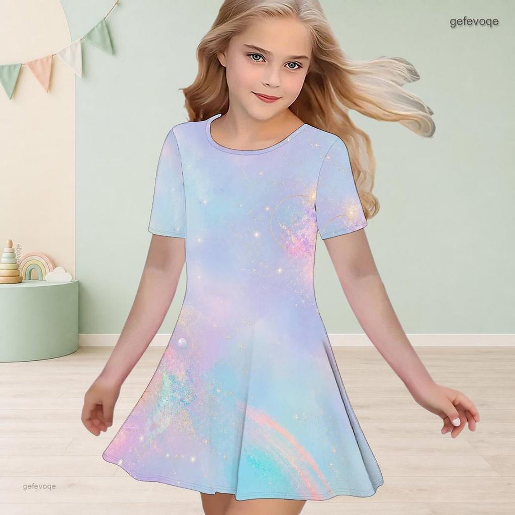 Girls Round Neck Short Sleeve A Line Dress Pastel Rainbow Glitter Printed Flared Hem