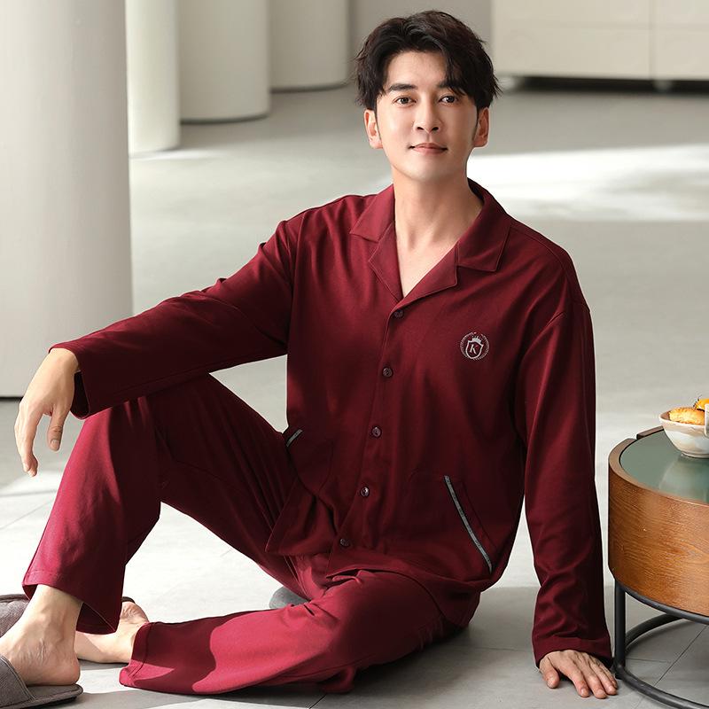 Men'S Pajamas Spring And Autumn Cotton Long-Sleeved Dad Fattened Plus Size Men'S Loungewear Suit