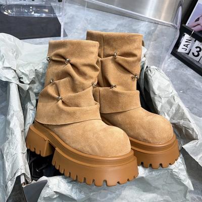Thick-soled Pants Boots Women's 2025 Autumn and Winter Height Increase Small Short Leather Suede Martin Boots Internet Celebrity Western Boots