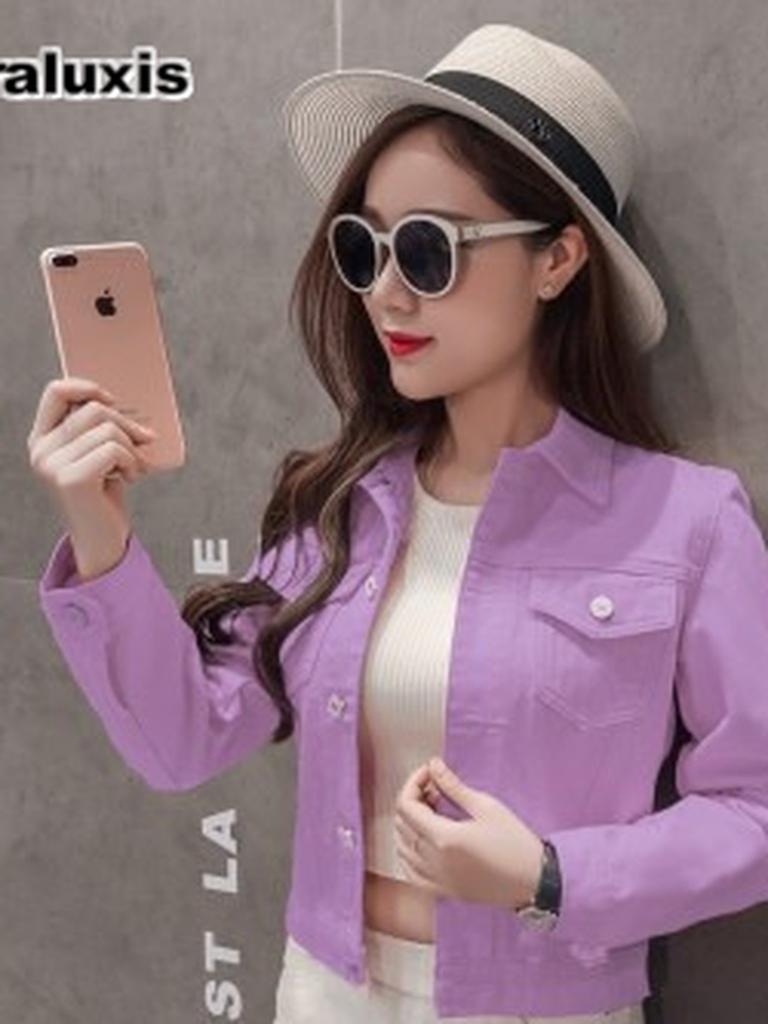 Blue Short Denim Jacket Women's Spring Autumn Long Sleeve Shirt