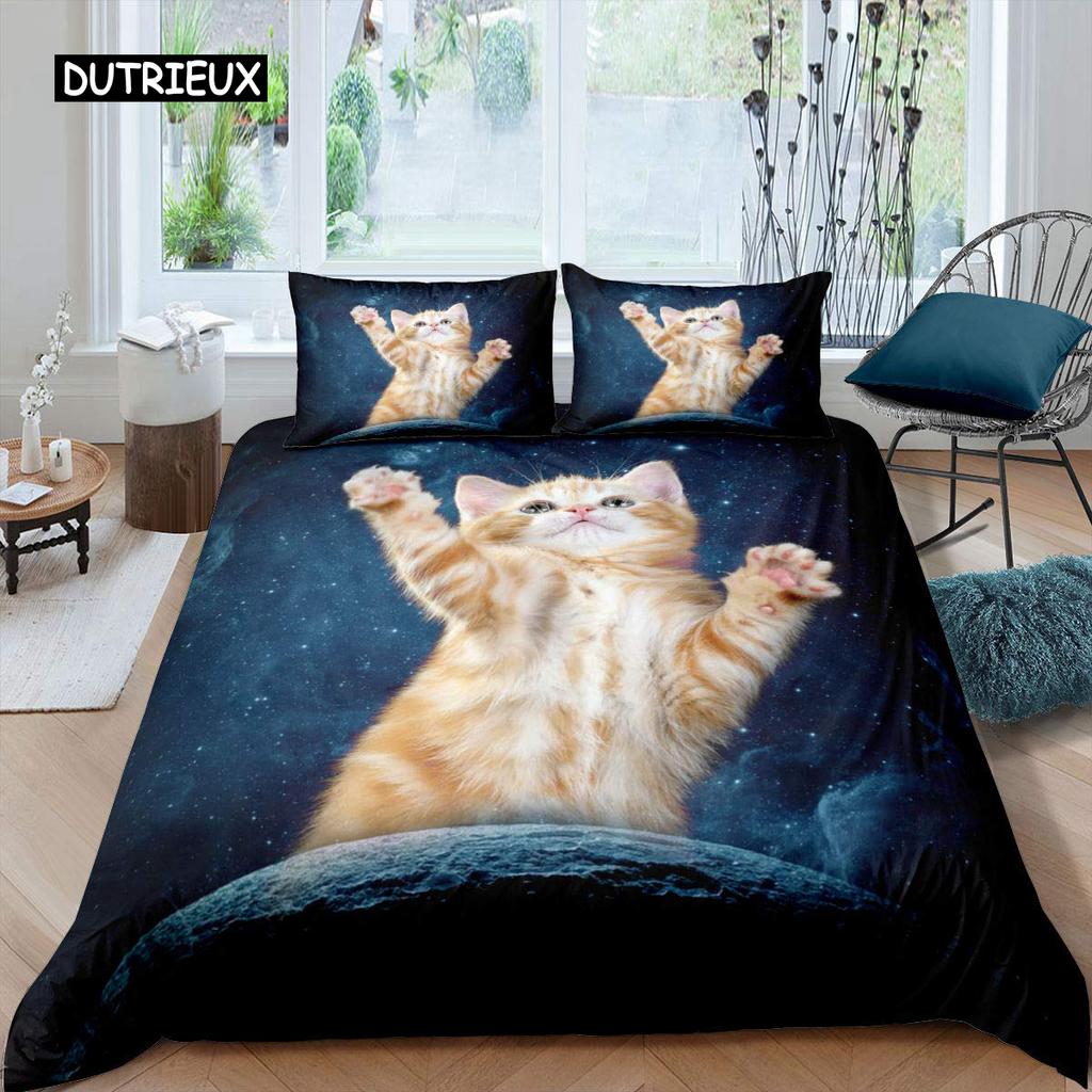 Galaxy Cat Duvet Cover Set Microfiber Universe Galaxy Bedding Set Cute Kitten Comforter Cover Outer Space Planets Quilt Cover