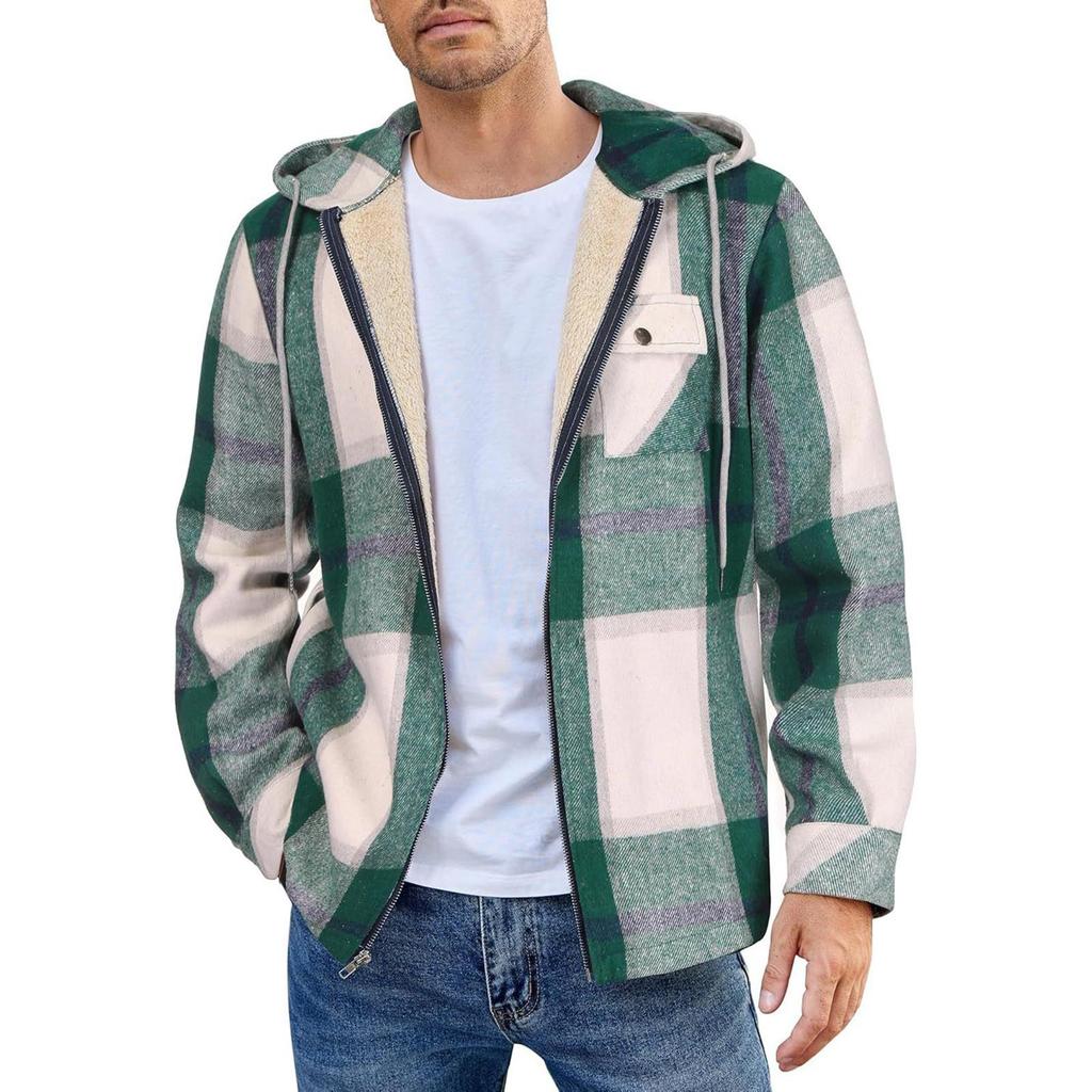 Pánská prošívaná podšitá kostkovaná košile se zapínáním na knoflíky a sametovou bundou s kapucí
