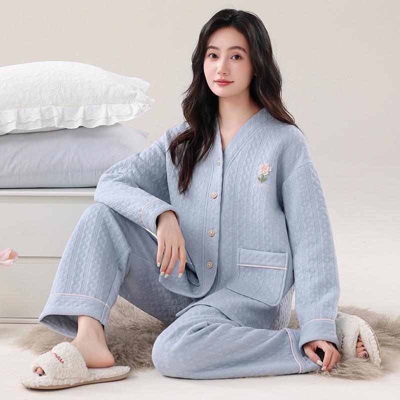 Pajamas Women'S Autumn And Winter Thickened Pure Cotton Long-Sleeved Sandwich Air Cotton Large-Size Warm Loungewear Set