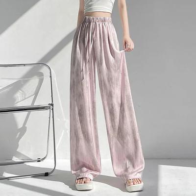 Women Pants Elastic High Waist Adjustable Drawstring Wide Leg Trousers Tie Dye Print Summer Ice Silk Long Pants Daily Wear