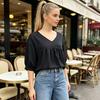 Women Tops V Neck 3/4 Sleeves Pure Color Lace Splicing Design Tee Shirt Loose Fit Versatile Summer Shirt Daily Wear