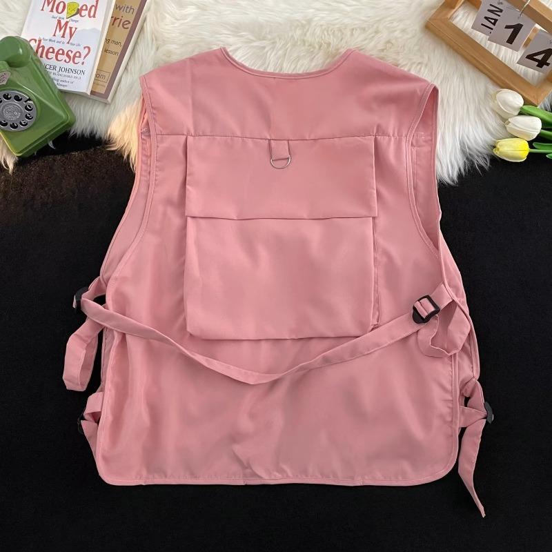 Gilet Donna Monocolore Tasche All-match Speciale Unisex Semplice Cool Stile Giapponese Tempo Libero Vintage Attraente Primavera Studenti Giovani