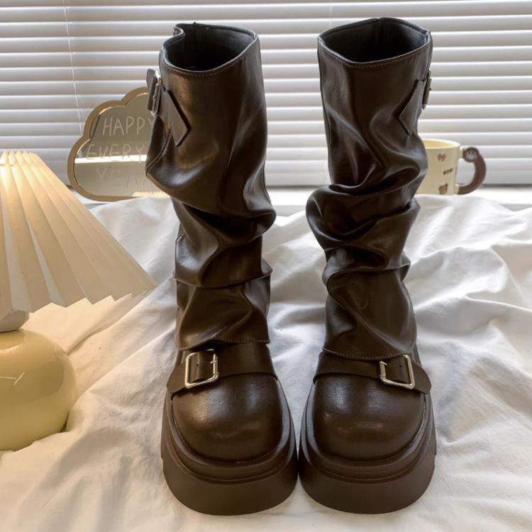 

Korean thin and versatile thick-soled Martin boots women s 2025 new spring and autumn brown versatile belt buckle medium boots 40 коричневий