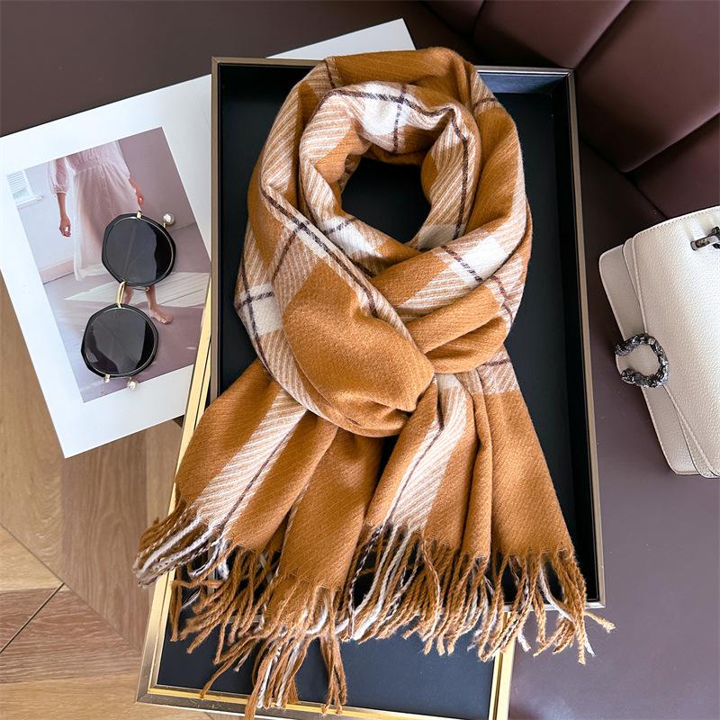 Unisex Korean Plaid Thick Winter Scarf with Tassels - Imitation Cashmere Shawl