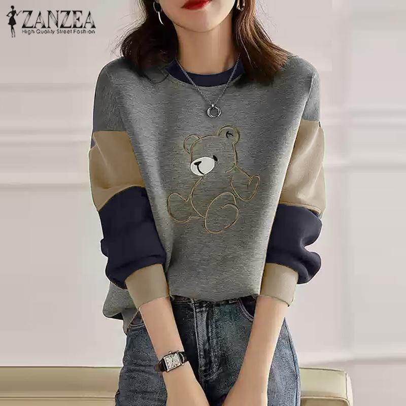 ZANZEA Dámské podzimní mikiny s kulatým výstřihem a dlouhým rukávem s potiskem medvěda v kontrastních barvách