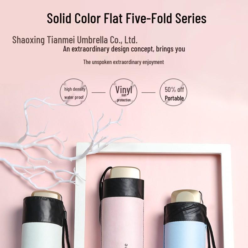 

Ultralight Aluminum Alloy Five-Fold Sunshade & Sunscreen Mini Umbrella - Black, Portable, Pocket-Sized for Rain or Shine, Logo Printable 6K чорний