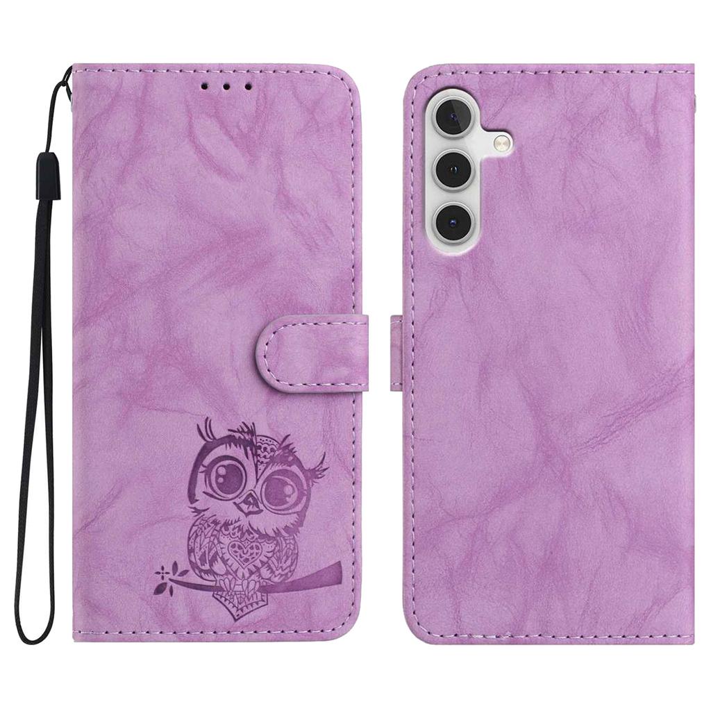 For Samsung Galaxy S25 FE Case Owl Imprinted PU Leather Wallet Phone Cover with Wrist Strap