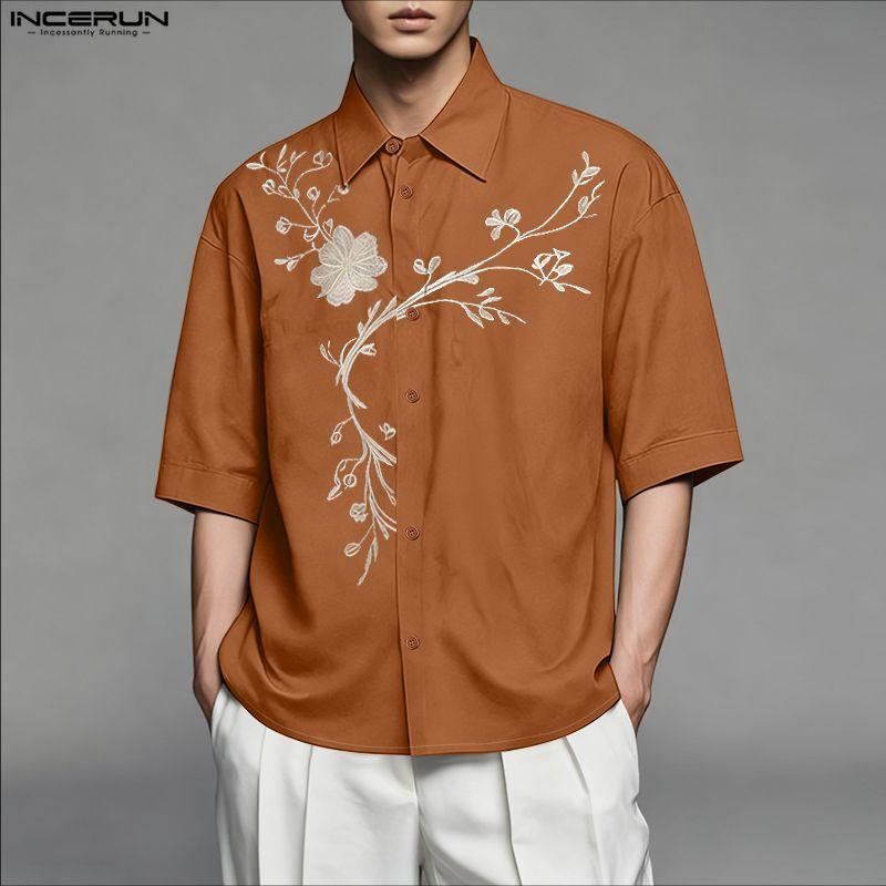 INCERUN Summer Men Short Sleeve Embroidery Loose Casual Vintage Shirts Tops