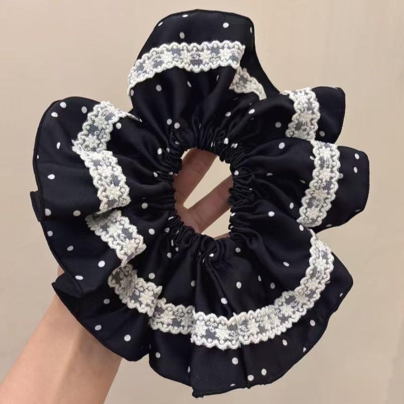 Retro French Polka Dot Velvet Lace Hair Tie - Elegant, Large, Black & White Accessory for Women