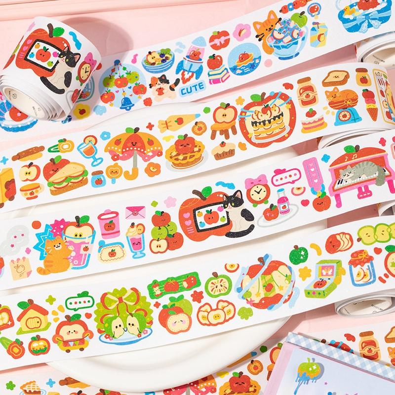 Ins Korean Cute Apple Fairy Tale Decoration Adhesive Tape Handbook DIY Scrapbooking Journal Collage Material Stickers Roll Gift