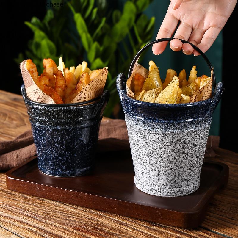 Ceramic Tableware Snack Plate French Fries Bucket Ktv Bar Ice Bucket Fried Food Buckets Oil Paper Fruit Salad Bowl Dessert Plate