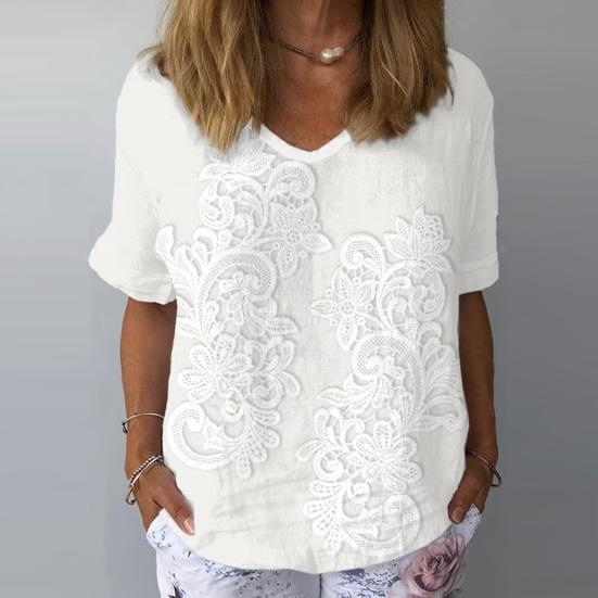 Women Shirt Embroidery Flower Pattern V-neck Dropped Shoulder Short Sleeve Shirt Tops A-Line Loose Fit Soft Summer Tops