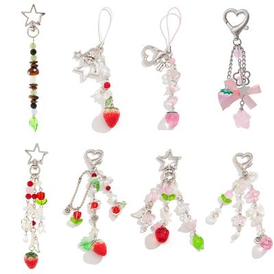 Wind Heart Shape Strawberry Pendant Keychain Female, Sweet Tulip Star Mobile Phone Chain Lanyard