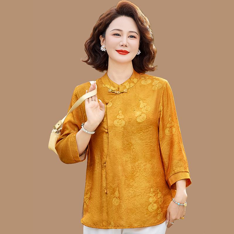 

Spring/Summer Mid-Sleeve National Style Women s Shirt for Middle-Aged and Elderly 3XL (120-135 jin) жёлтый