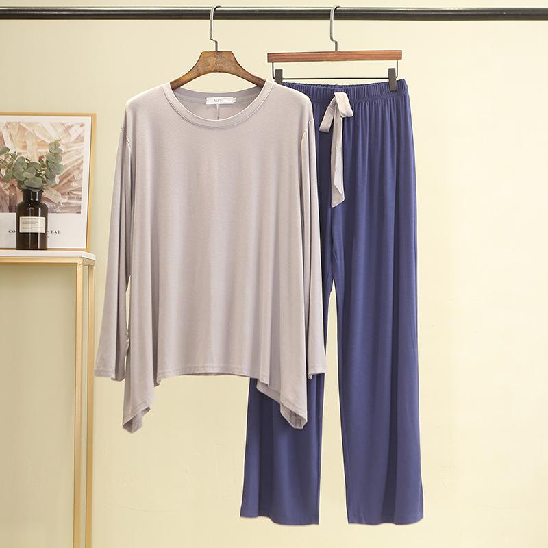 Plus Size Color-contrast Modal 2pcs Homewear Set Long Sleeve Tshirts and Wide Leg Pants Women Loose Pajamas Sets Streetwear Comfort Clothing