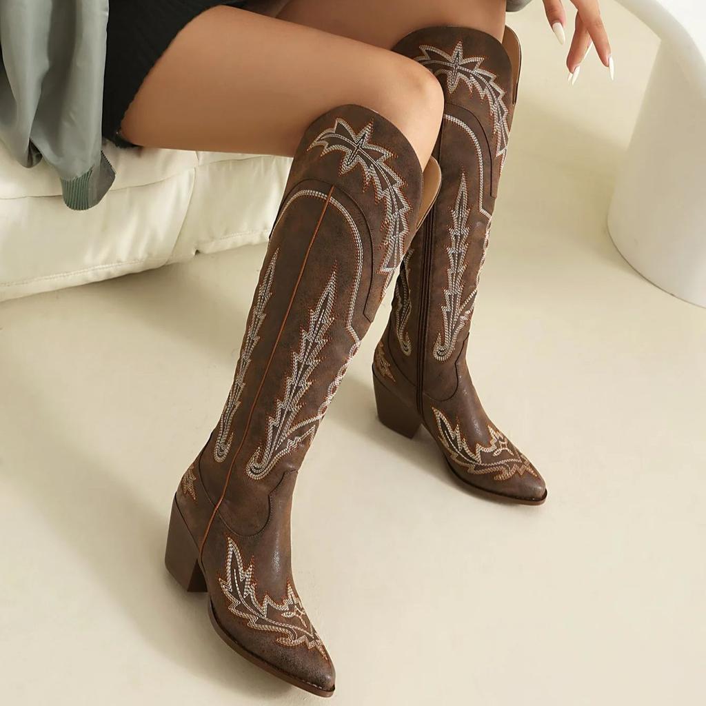 Fashion IPPEUM Women Knee High Cowboy Boots Western Shoes Red Pu Leather Block Heel Plus Size 44  Cowgirl Shoes