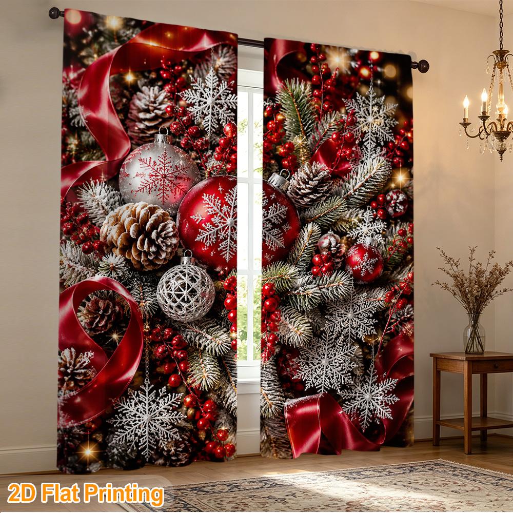 2pcs Red Silver Christmas Decorations Printed Polyester Curtain Rod Pocket Design, Ideal for Study Decor, Living Room, Bedroom, Housewarming Gift Idea