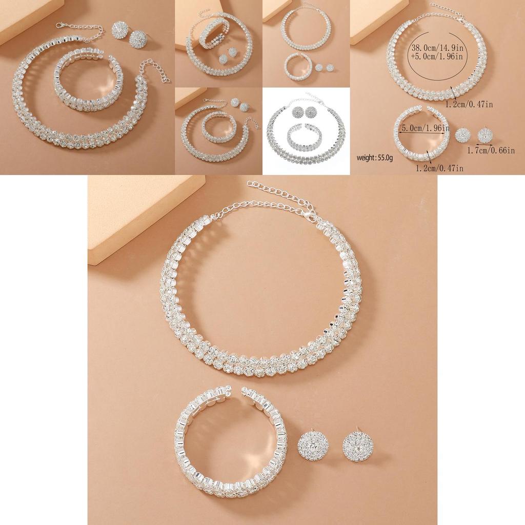 Double Layer Bridal Jewelry Set With Water Diamonds Pendant And Bracelet For Women