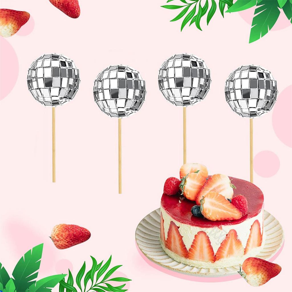 24Pcs Reflective Sphere Toppers for Cake Decoration Easy Install Ornament for Cupcake Birthday Cake Accessories