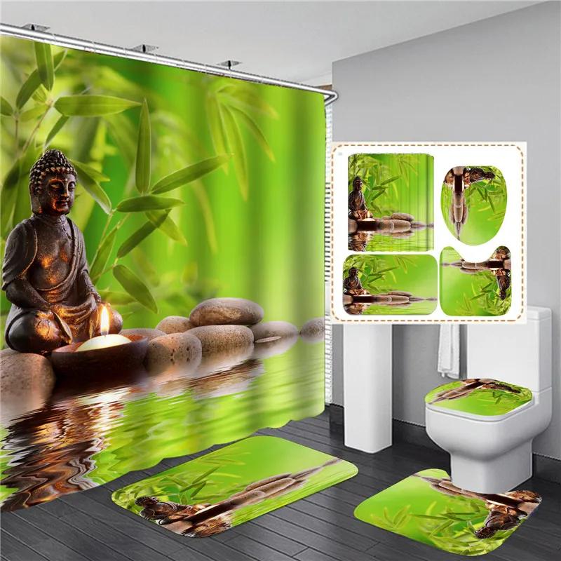 Full Set Bathroom Shower Curtain Set And Rugs Waterproof Fabric Furniture Accessory Zen Flow Water Bamboo For Bath Decoration
