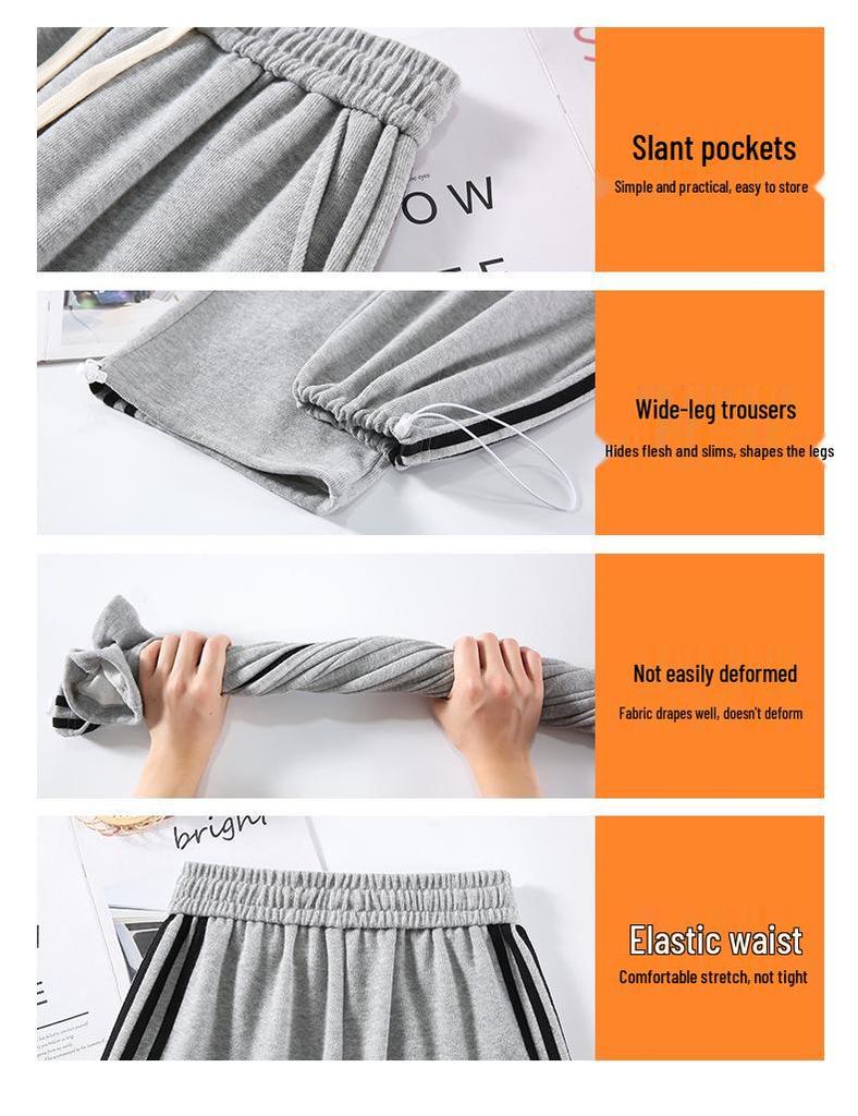 Women's High-Waist Drawstring Wide-Leg Sweatpants, Grey Fleece-Lined with Three Stripes - Spring, Autumn, & Winter Casual Floor-Length Draping Style.