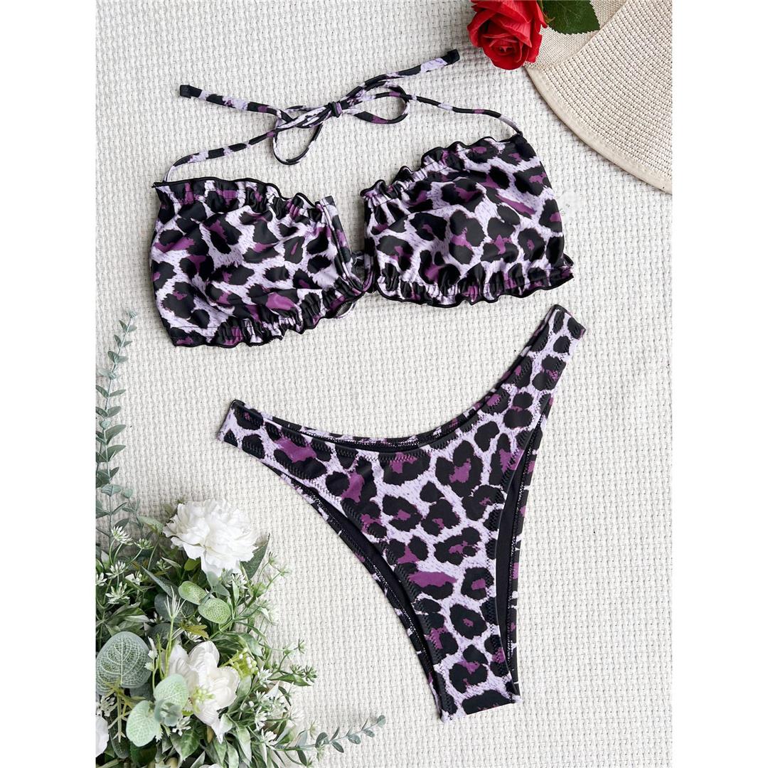 

Леопардовый V-образный бикини с лямкой и рюшами, женский купальник, женский купальник, комплект бикини из двух частей, купальный костюм для плавания L леопардовый/фиолетовый