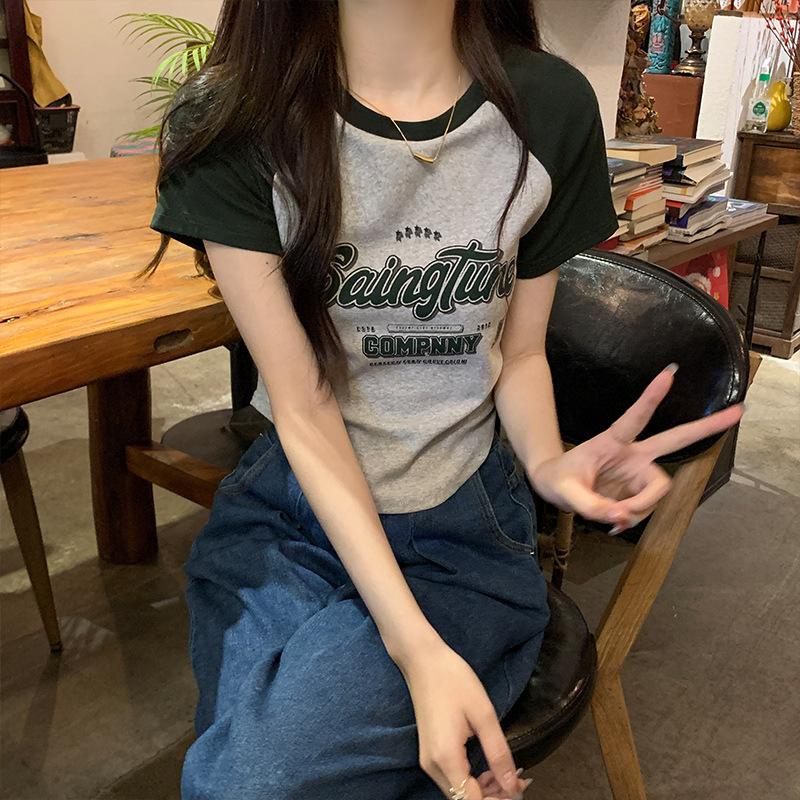 

Short-sleeved T-shirt for Women s Design, Ragdoll Sleeves Contrasting Color Cartoon Print, Slim Fit and Slim Summer Fish Bone Waist-hugging Short Top XL