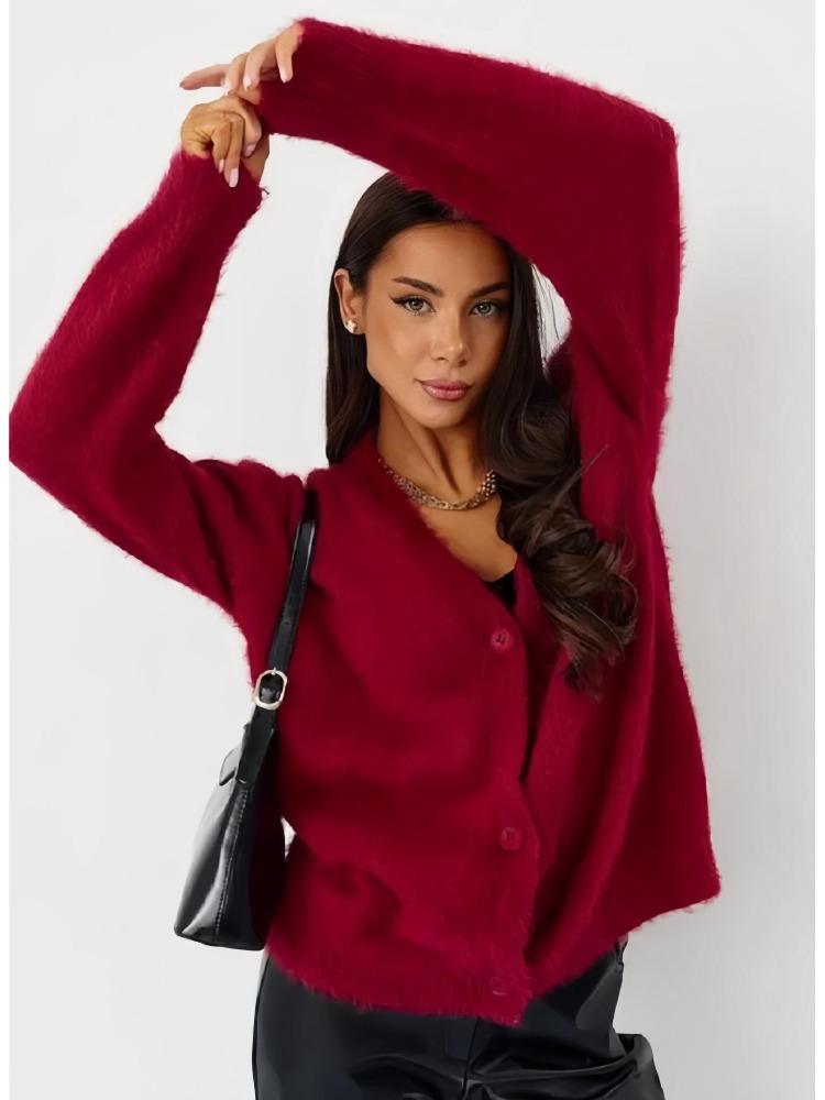 Women Mink Knitted Sweater Solid Color Cardigan Loose V Neck for Autumn Winter