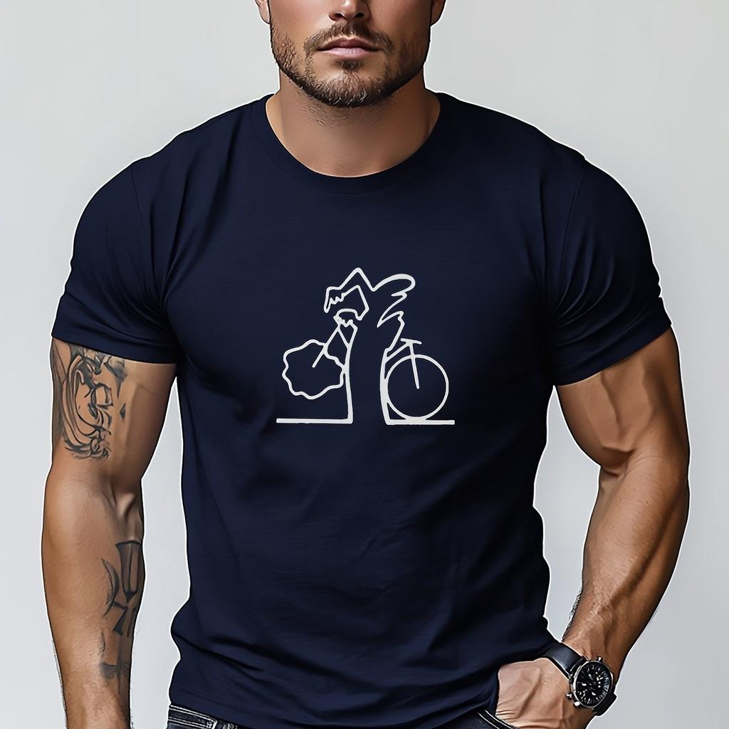Herren Casual T-Shirt mit kurzem Ärmel und Grafikdruck eines Radfahrers Schwarz Weiß Radsport Design Rund Reguläre Passform Ganzjahres